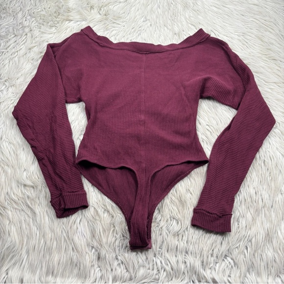 Free People Women's M Lovin This Feeling Bodysuit in Fig Burgundy Waffle Knit